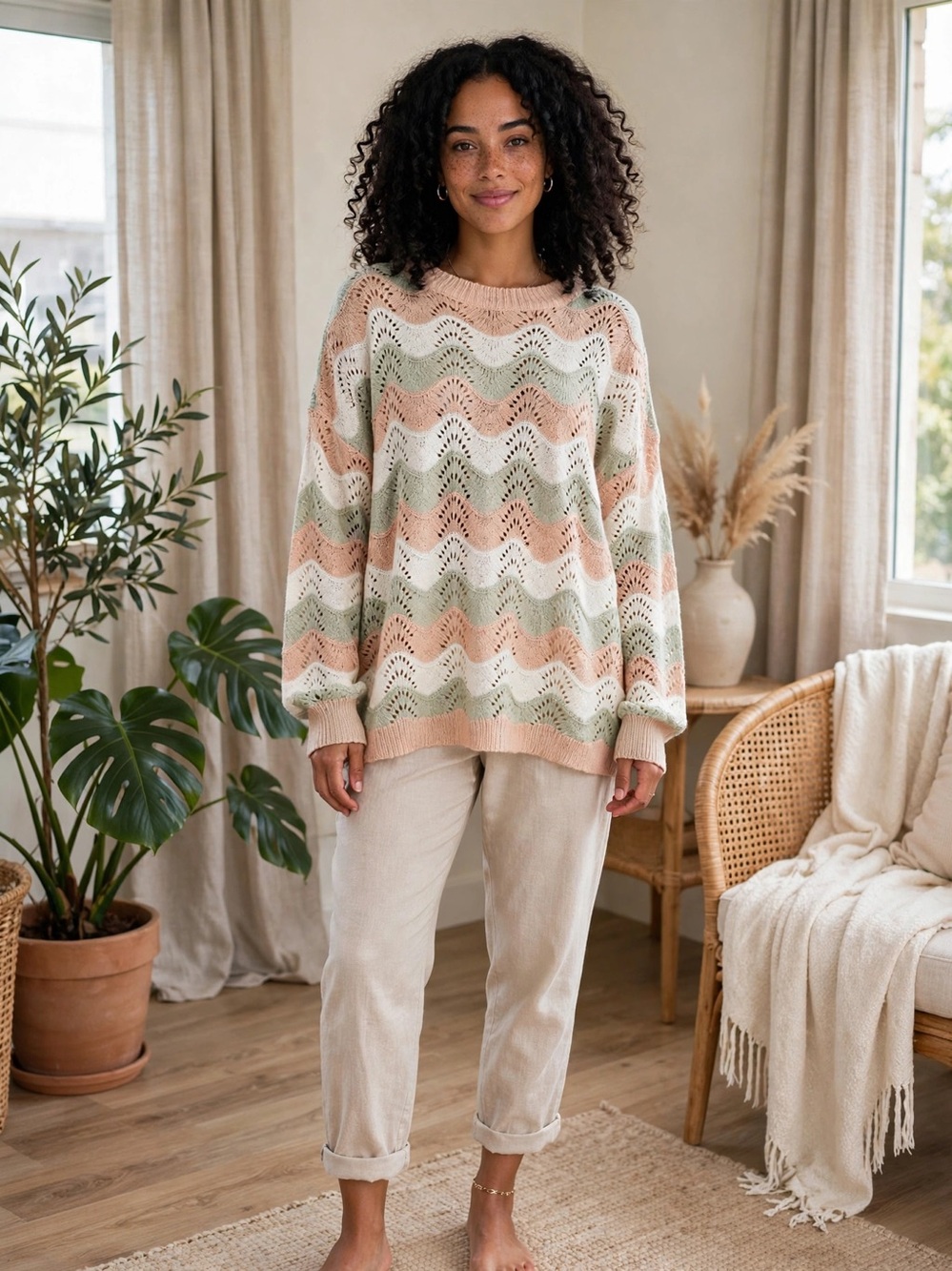 entro Pastel Wave Pointelle Sweater in Peach, Sage & Cream